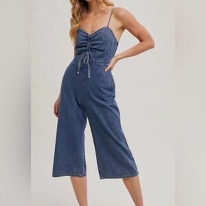 BluIvy Tess Denim Jumpsuit SZ S Light Wash One Piece Cropped Adjustable Straps